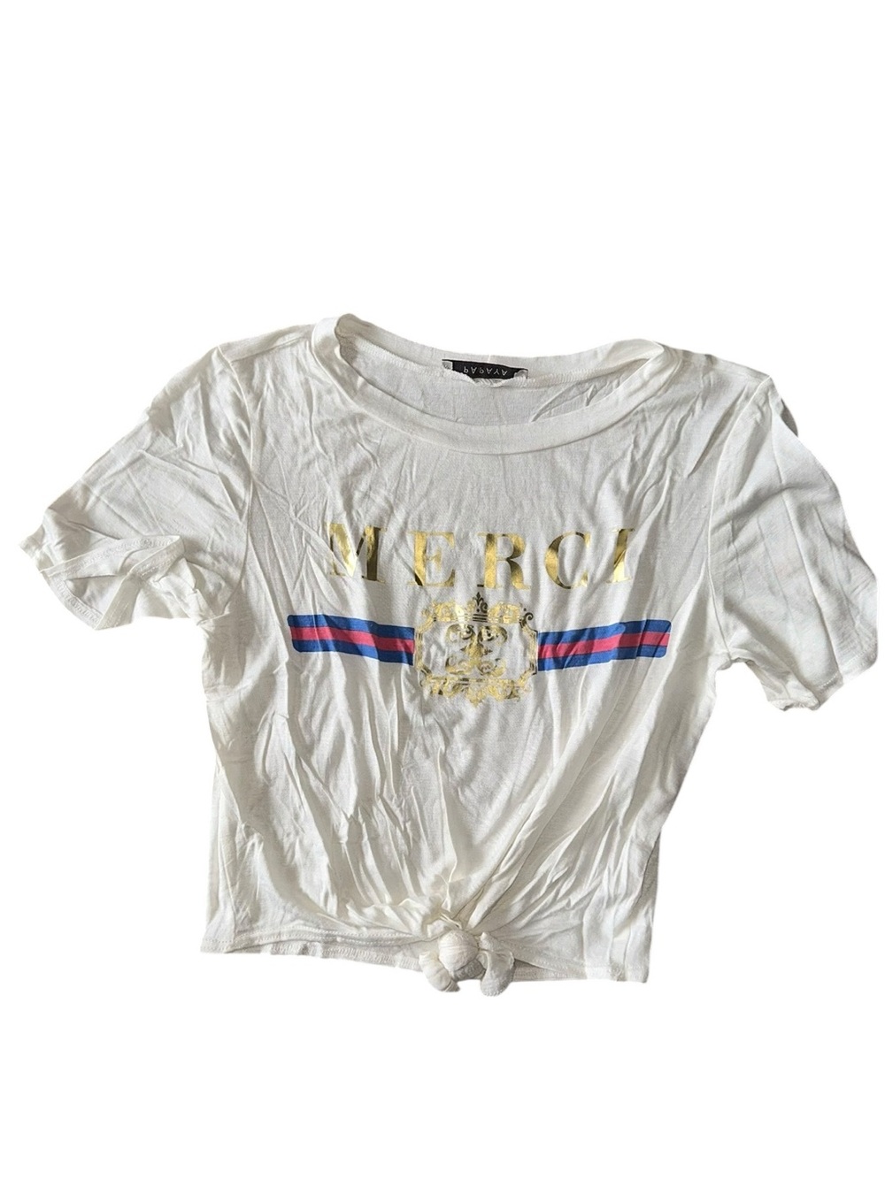Papaya Cream Crewneck Tee Crop Top with Graphic “Merci”